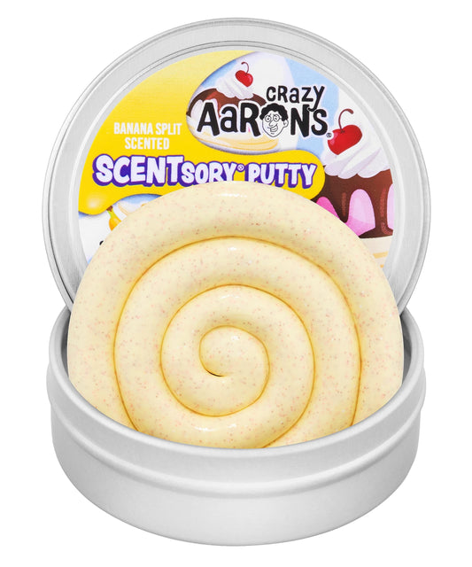 Crazy Aaron's Banana Split Thinking Putty packaging, a convenient desk-friendly sensory toy.