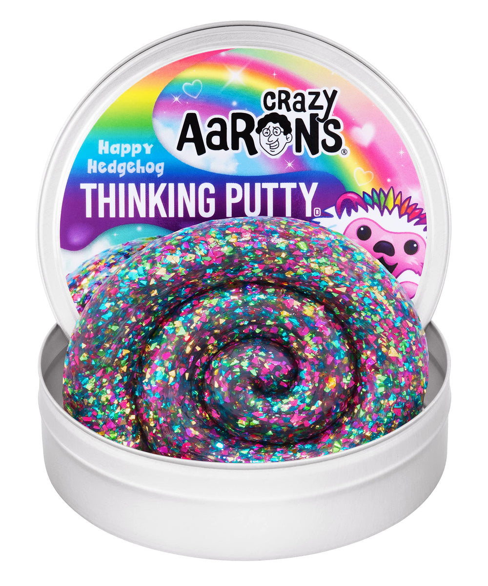 Crazy Aaron's Thinking Putty Happy Hedgehog in a 4-inch tin with rainbow glitter for creative play.