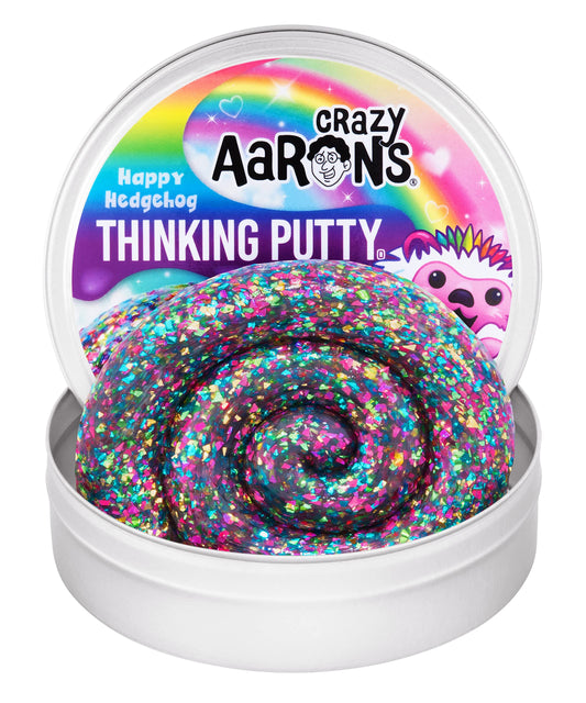 Crazy Aaron's Thinking Putty Happy Hedgehog in a 4-inch tin with rainbow glitter for creative play.
