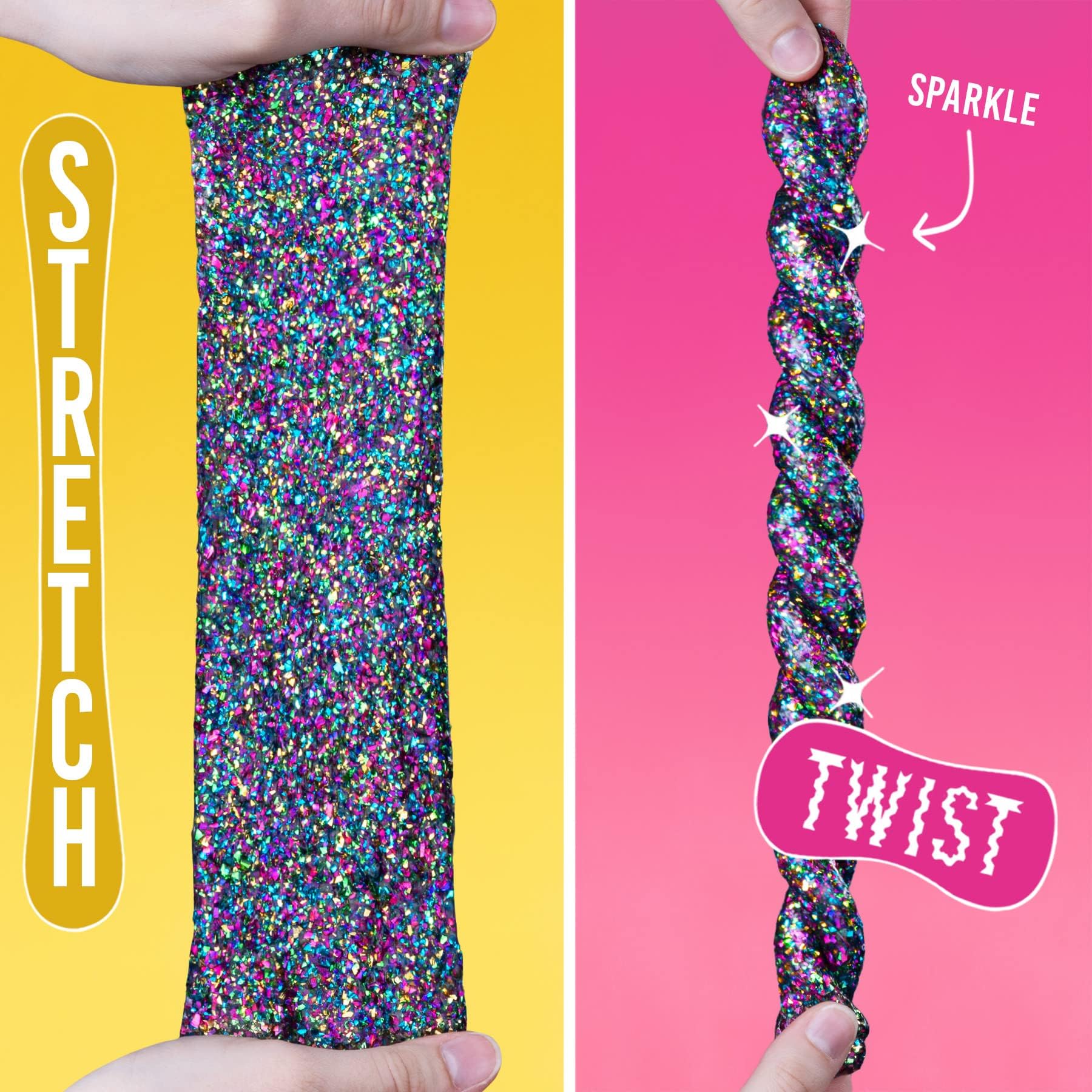 Rainbow glitter glints as you stretch, pop, and sculpt the putty.