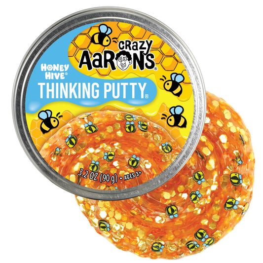 Crazy Aaron's Thinking Putty Honey Hive in a 4inch tin, vibrant sensory texture.