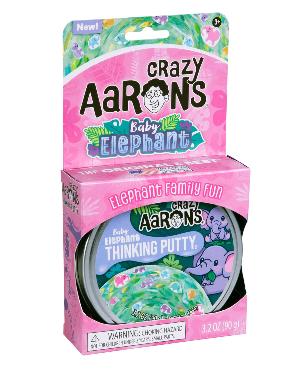 Crazy Aaron's Thinking Putty Baby Elephant in a USA-made tin for easy storage.