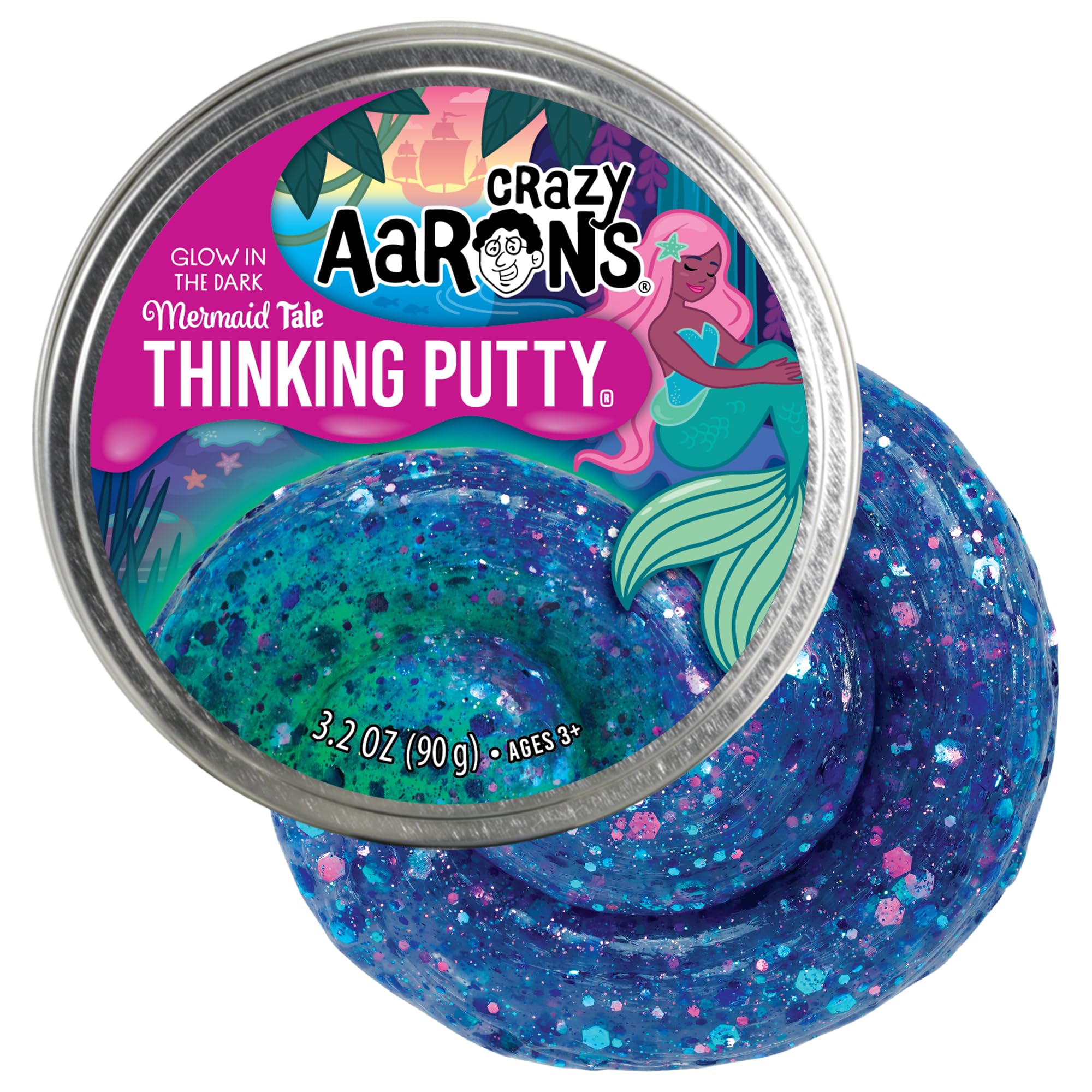 Crazy Aaron's Mermaid Tale Thinking Putty shows color-change turquoise and purple sparkles for imaginative play