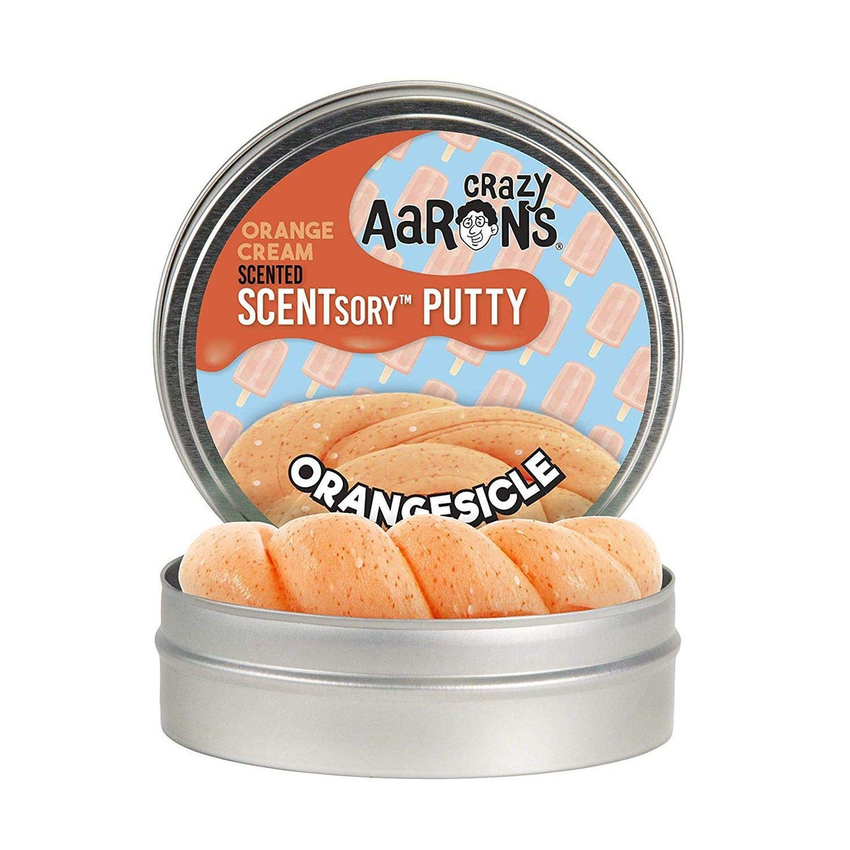 Crazy Aaron's Thinking Putty Orangesicle bottle enhances focus and stress relief via tactile play.