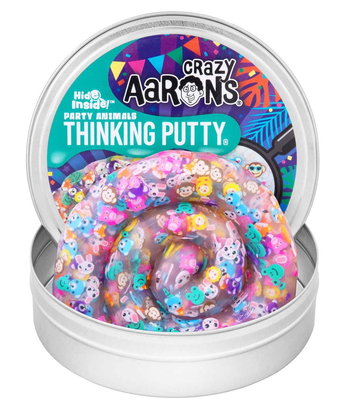 Crazy Aaron's Thinking Putty Party Animals hidden pieces inside a clear tin for discovery.