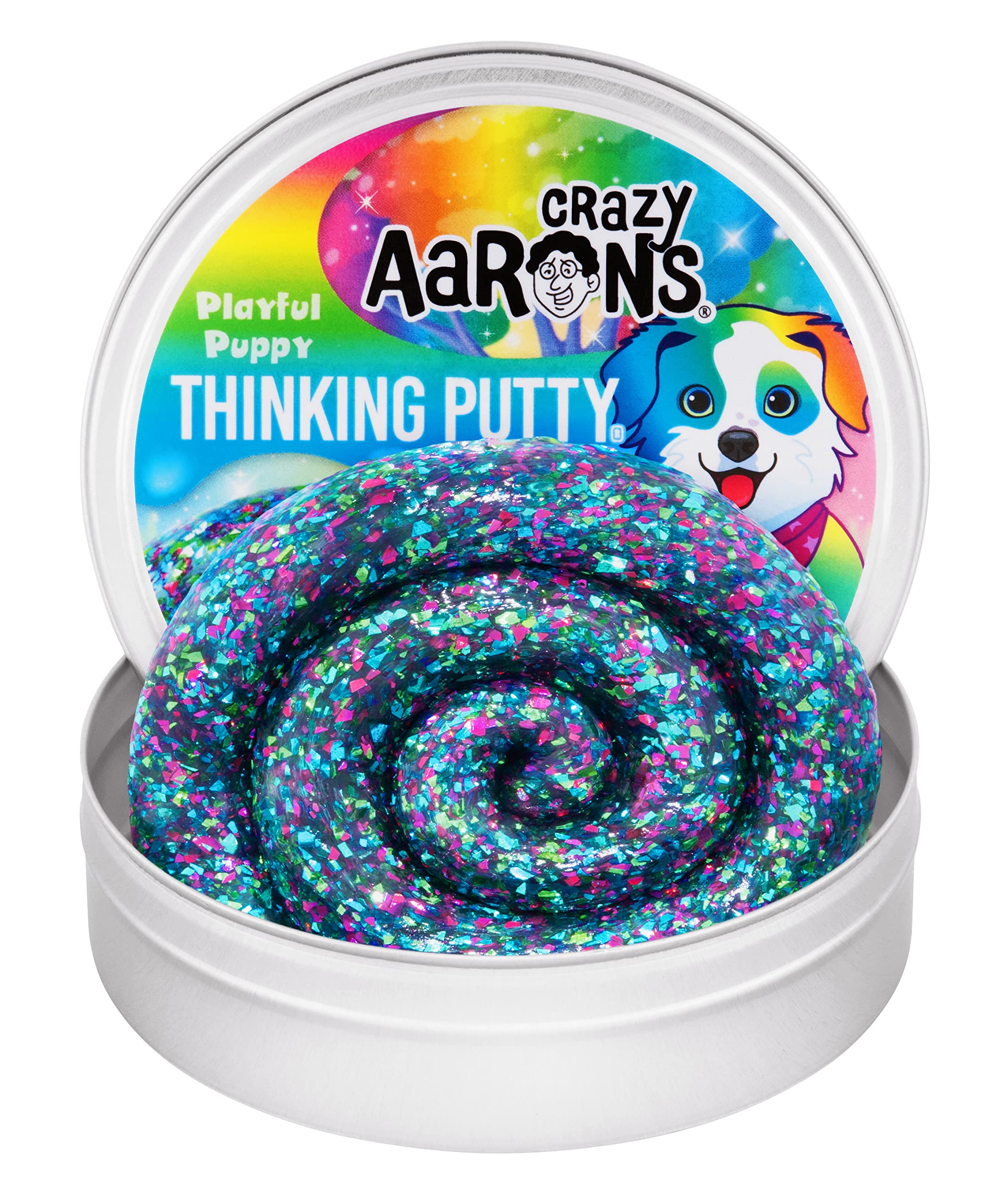 Crazy Aaron's Thinking Putty Playful Puppy in a 4-inch tin for creative play and stress relief.
