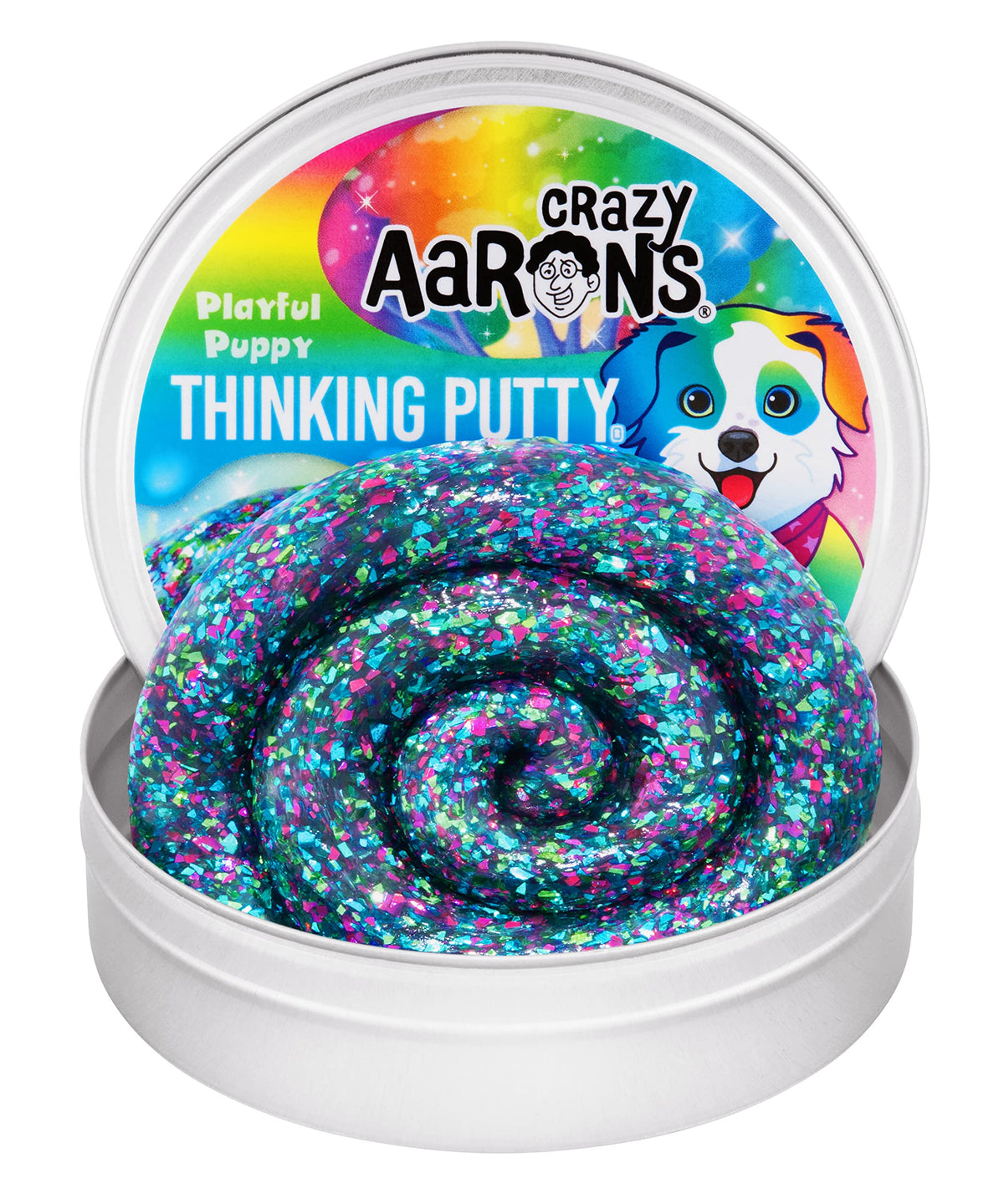 Crazy Aaron's Thinking Putty Playful Puppy in a 4-inch tin for creative play and stress relief.