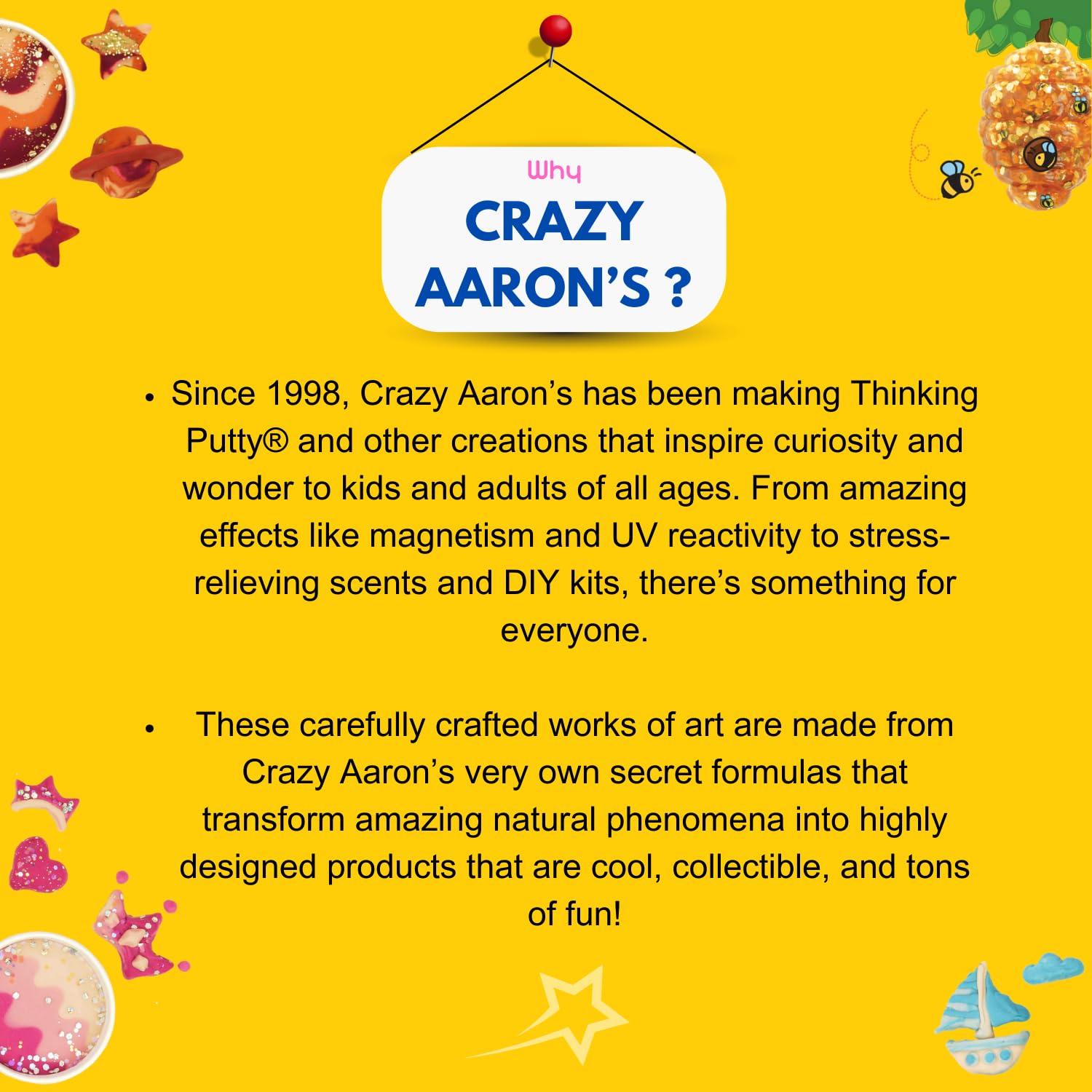 Crazy Aaron's Thinking Putty stress-relief potential through calm, tactile manipulation.