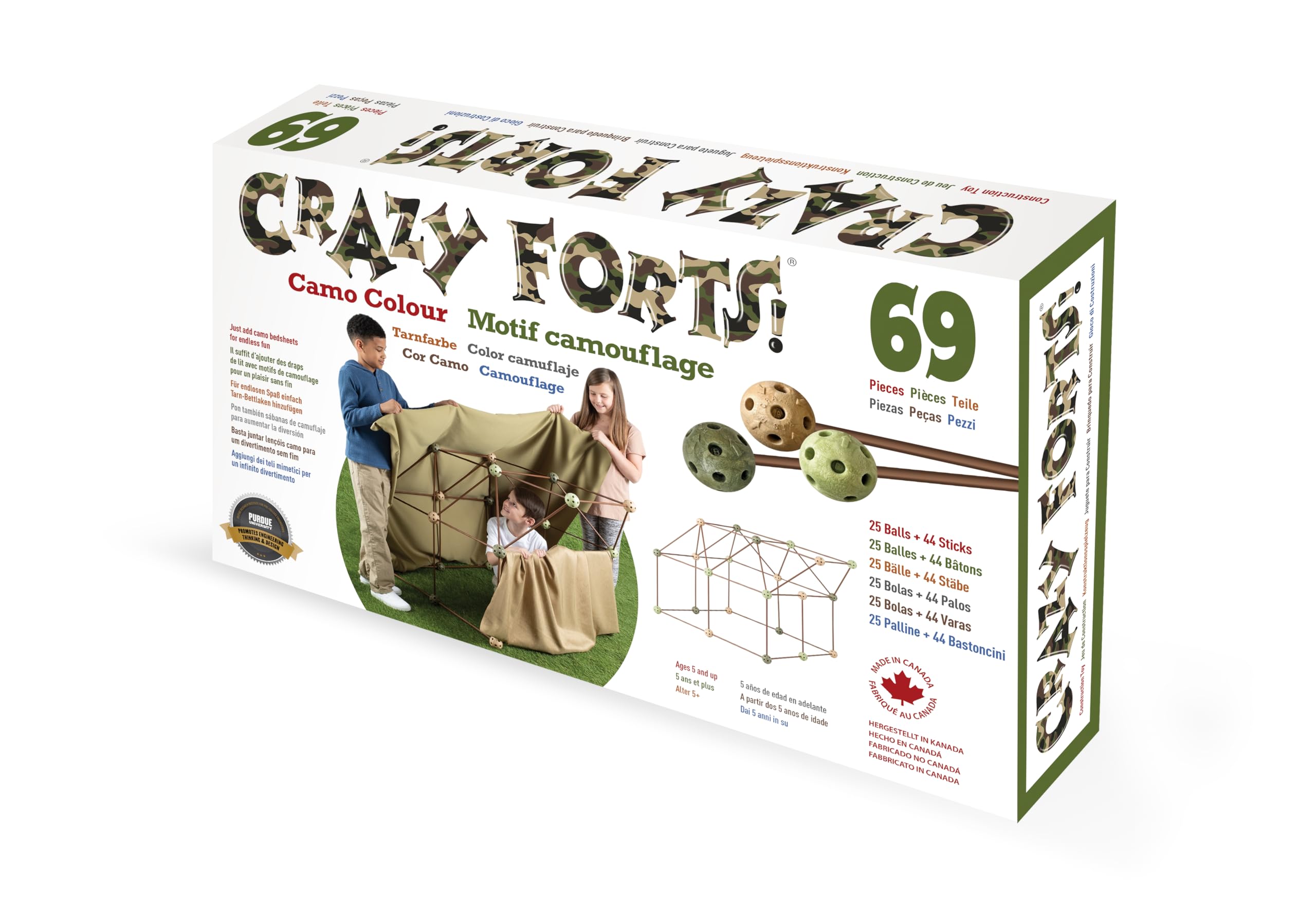 Crazy Forts Camo rods and balls assemble colorful play structures for imaginative STEM fun.