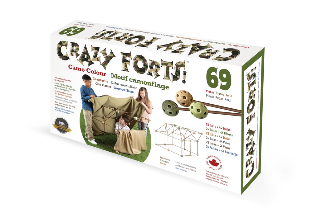 Crazy Forts Camo rods and balls assemble colorful play structures for imaginative STEM fun.