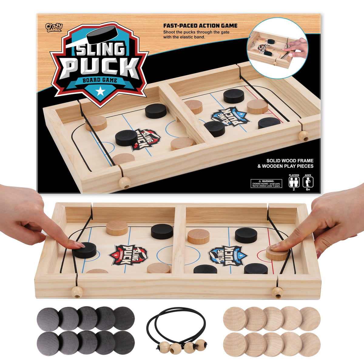 Crazy Games fast sling puck 14-inch board showcasing quick action on a smooth wood frame for home play