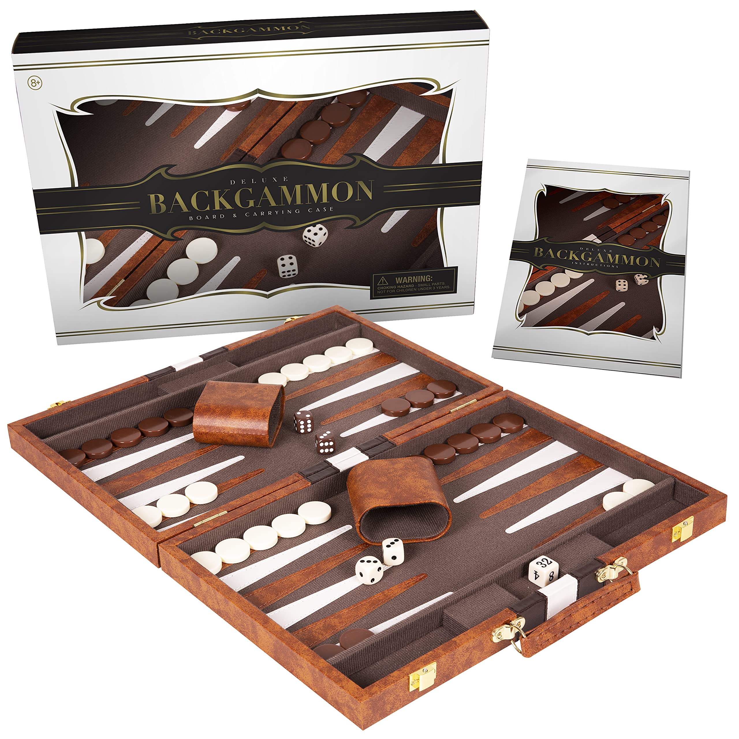 Crazy Games premium backgammon board 18-inch brown leatherette on table, inviting game night.