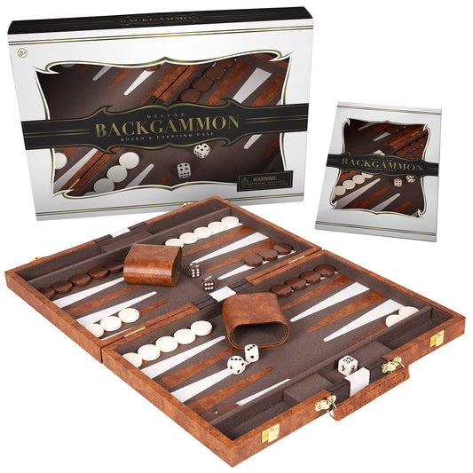 Crazy Games premium backgammon board 18-inch brown leatherette on table, inviting game night.