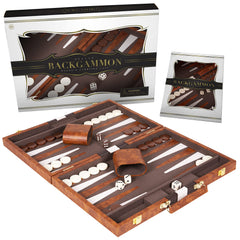 Crazy Games premium backgammon board 18-inch brown leatherette on table, inviting game night.