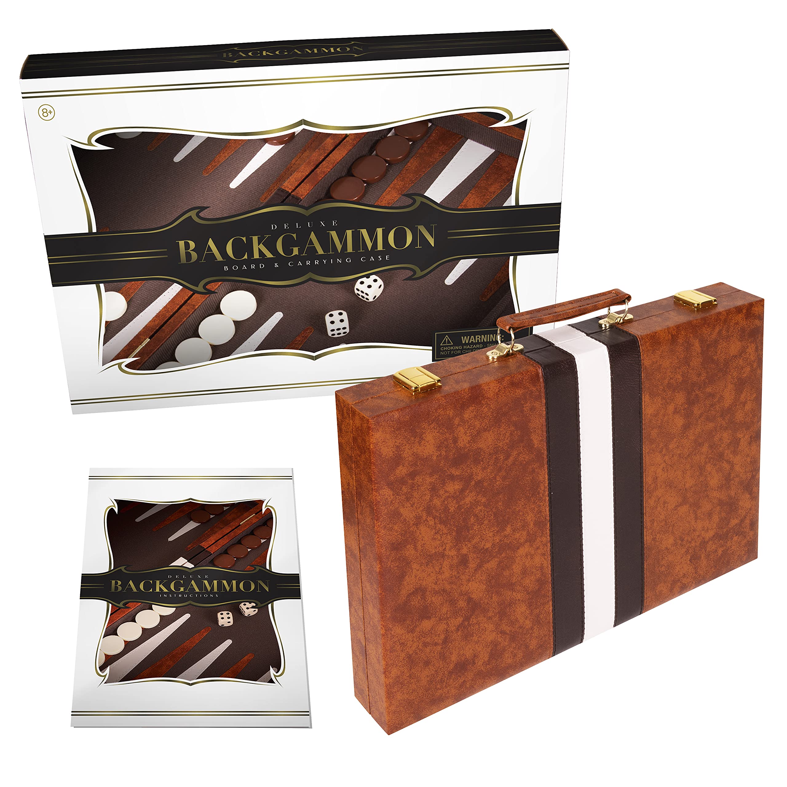 Backgammon chips and dice from Crazy Games set arranged for play.