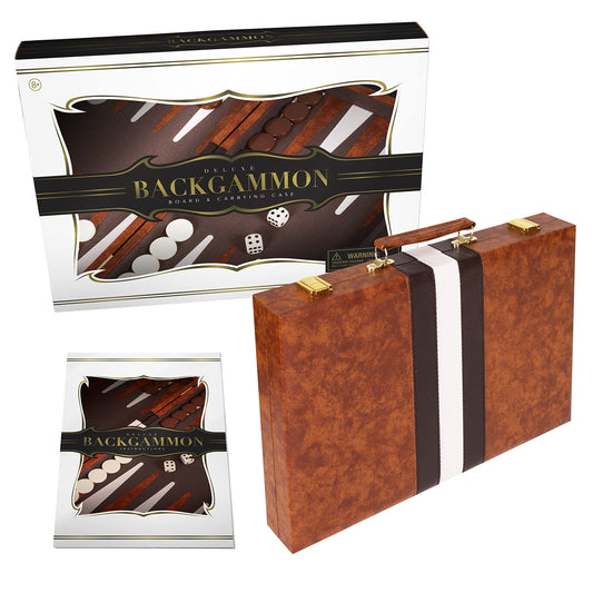 Backgammon chips and dice from Crazy Games set arranged for play.