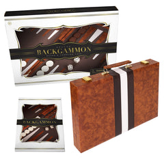 Backgammon chips and dice from Crazy Games set arranged for play.