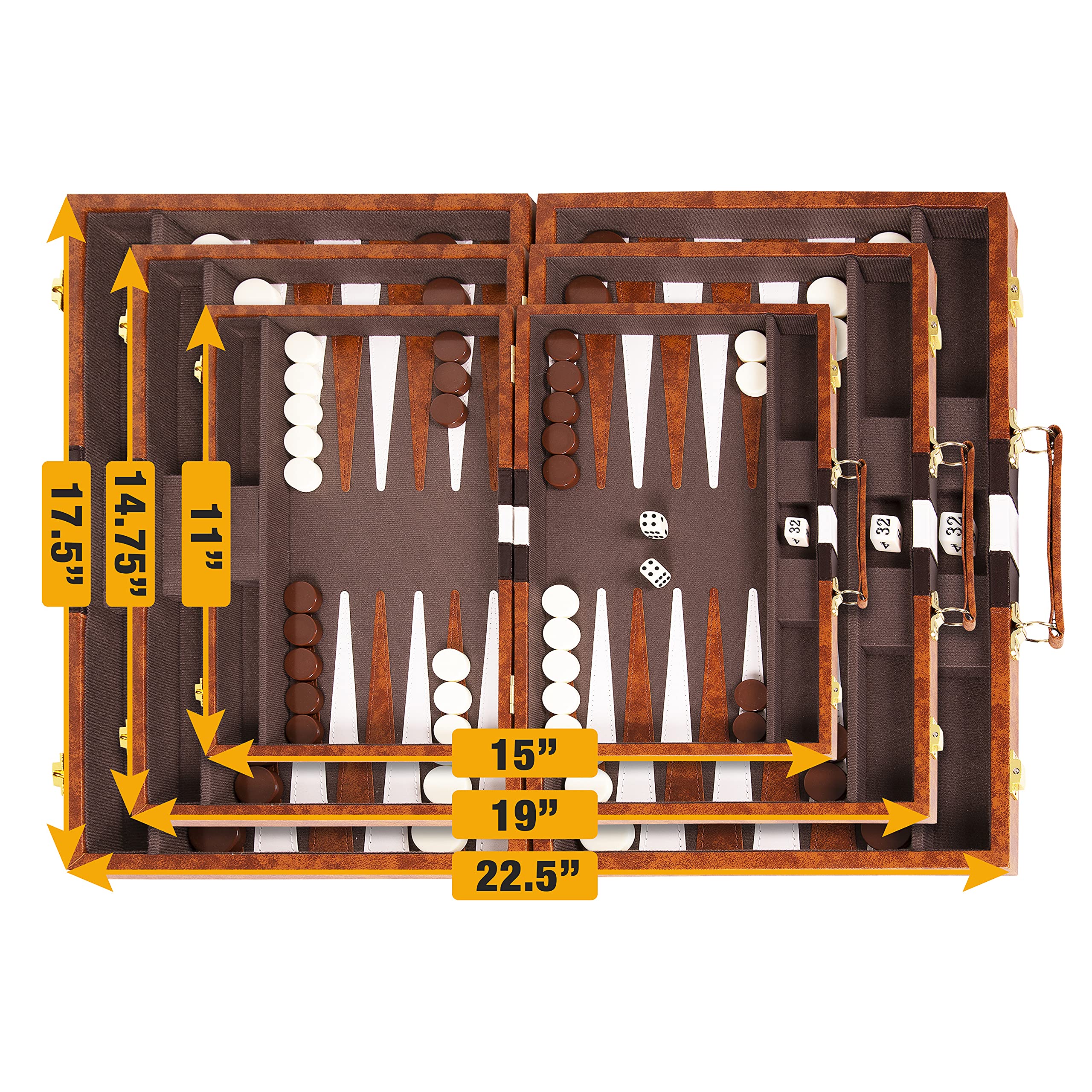 Leatherette case interior protecting Crazy Games backgammon accessories during travel.