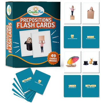 CreateFun 49-preposition flash cards cover image, engaging learning tool for kids to explore prepositions