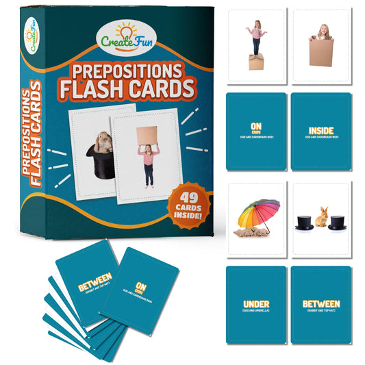 CreateFun 49-preposition flash cards cover image, engaging learning tool for kids to explore prepositions