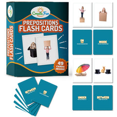 CreateFun 49-preposition flash cards cover image, engaging learning tool for kids to explore prepositions