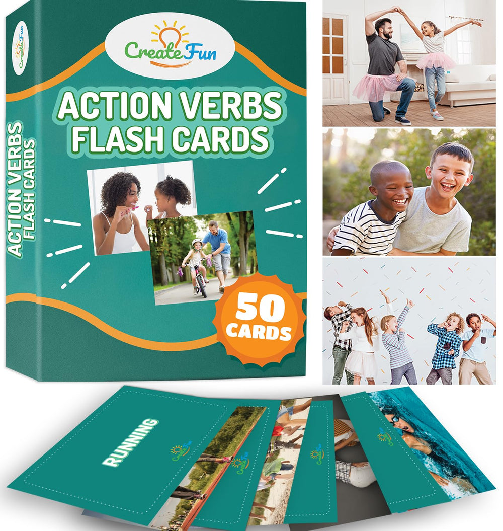 CreateFun 50 Action Verbs Flash Cards cover with bold visuals for therapy practice.
