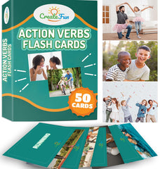 CreateFun 50 Action Verbs Flash Cards cover with bold visuals for therapy practice.