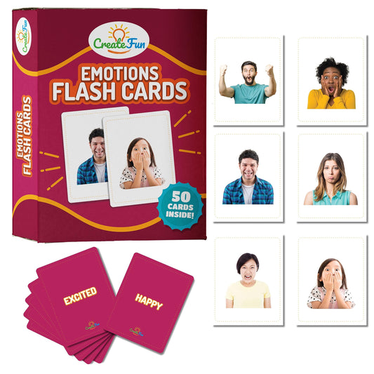 CreateFun 50 Emotions Flash Cards Volume 1 cover for engaging emotion learning.