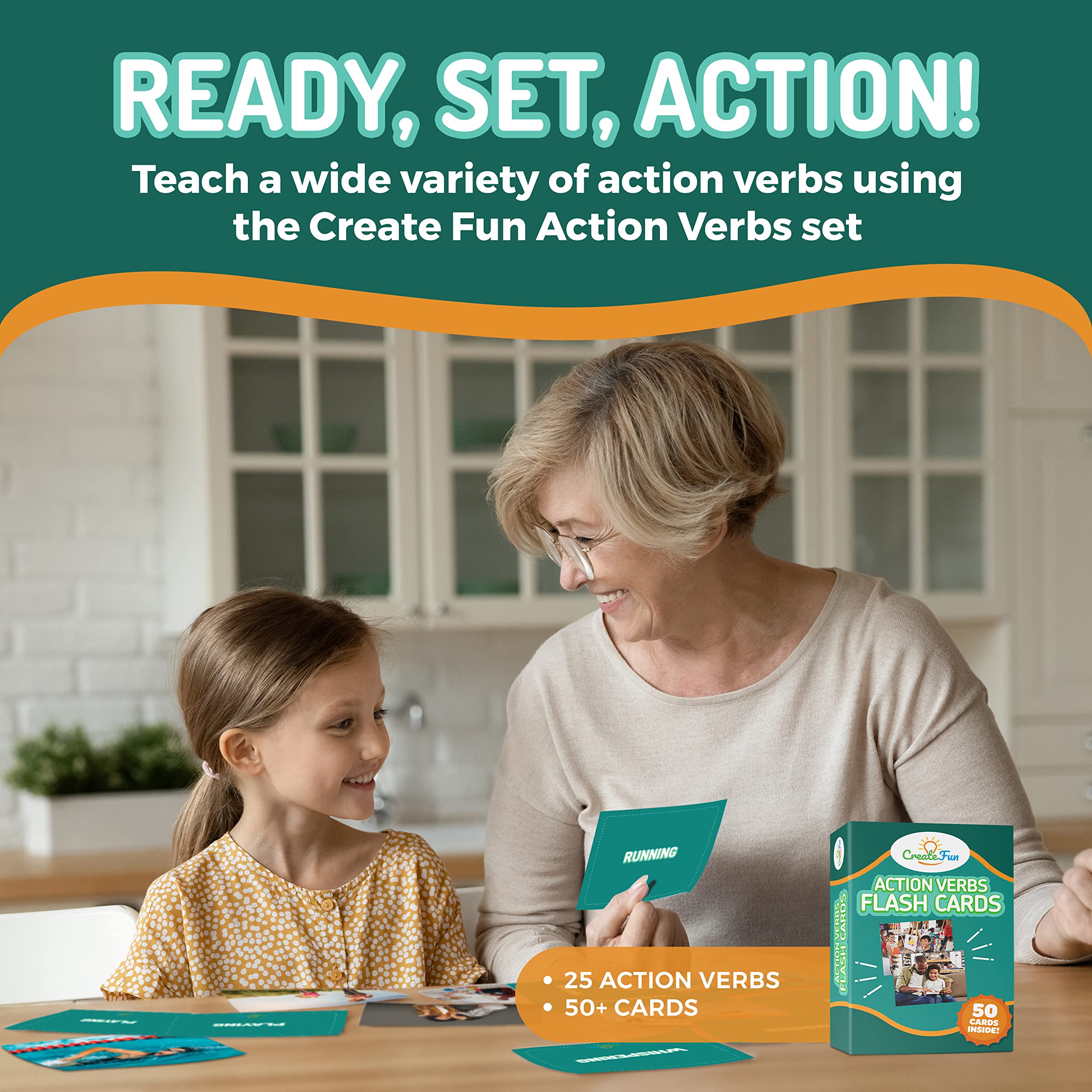 CreateFun action verbs flash cards showcasing varied photos for engaging learning.