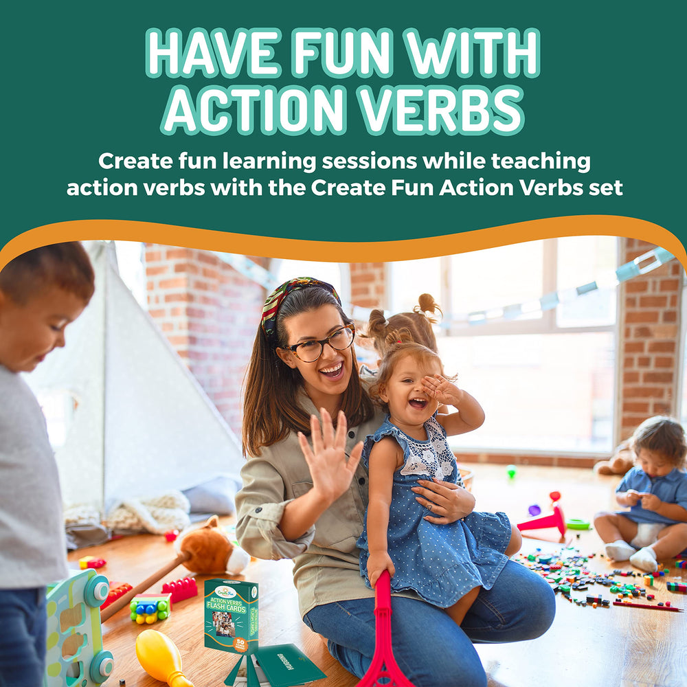 CreateFun visuals support for language learning with practical action verbs.