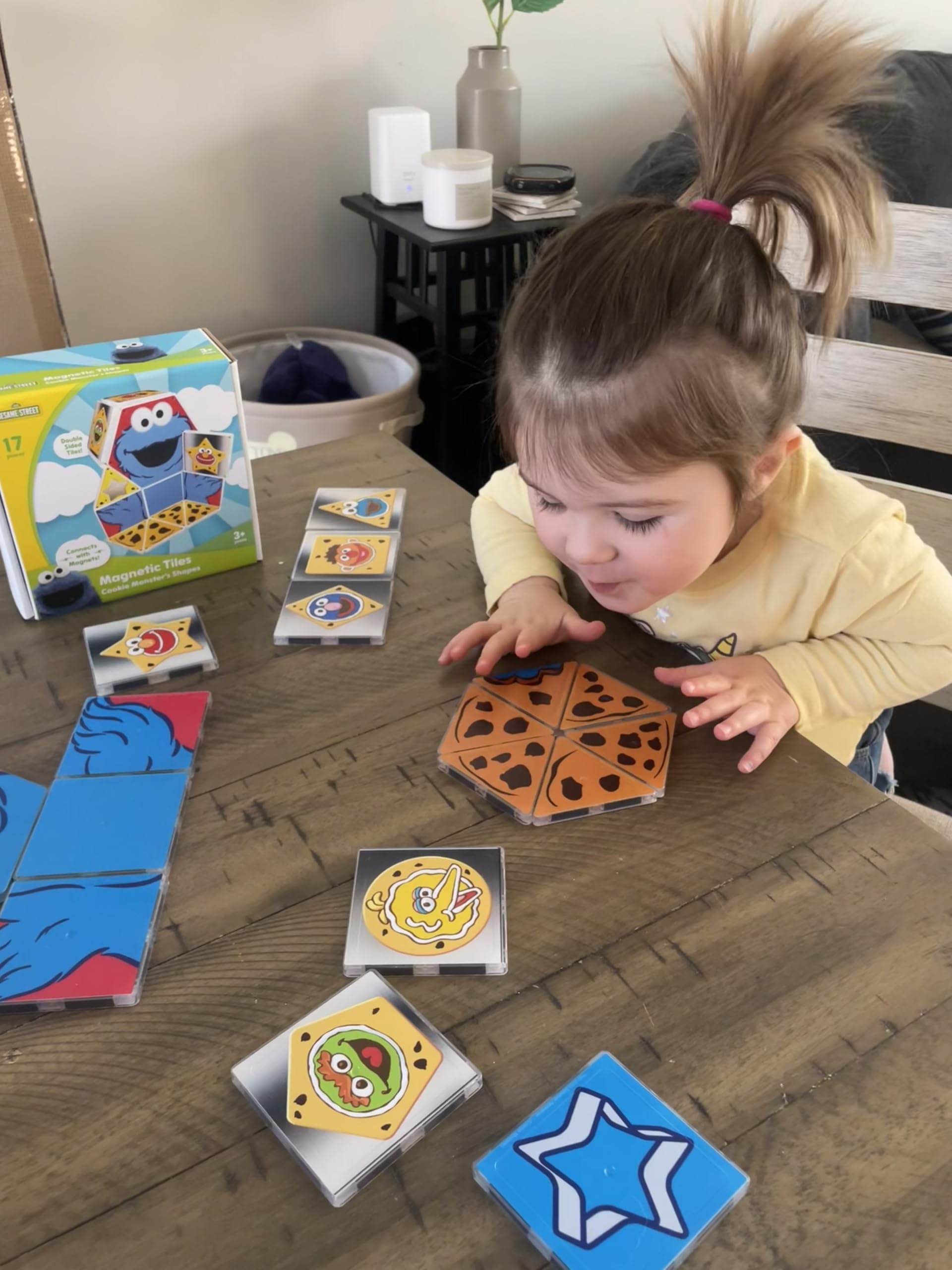 CreateOn Cookie Monster triangle tiles support spatial reasoning during open-ended play.
