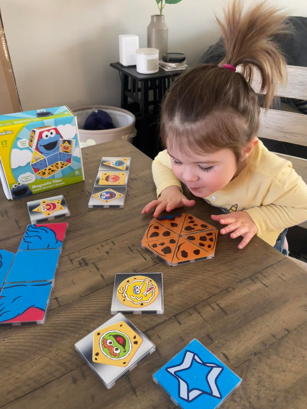 CreateOn Cookie Monster triangle tiles support spatial reasoning during open-ended play.