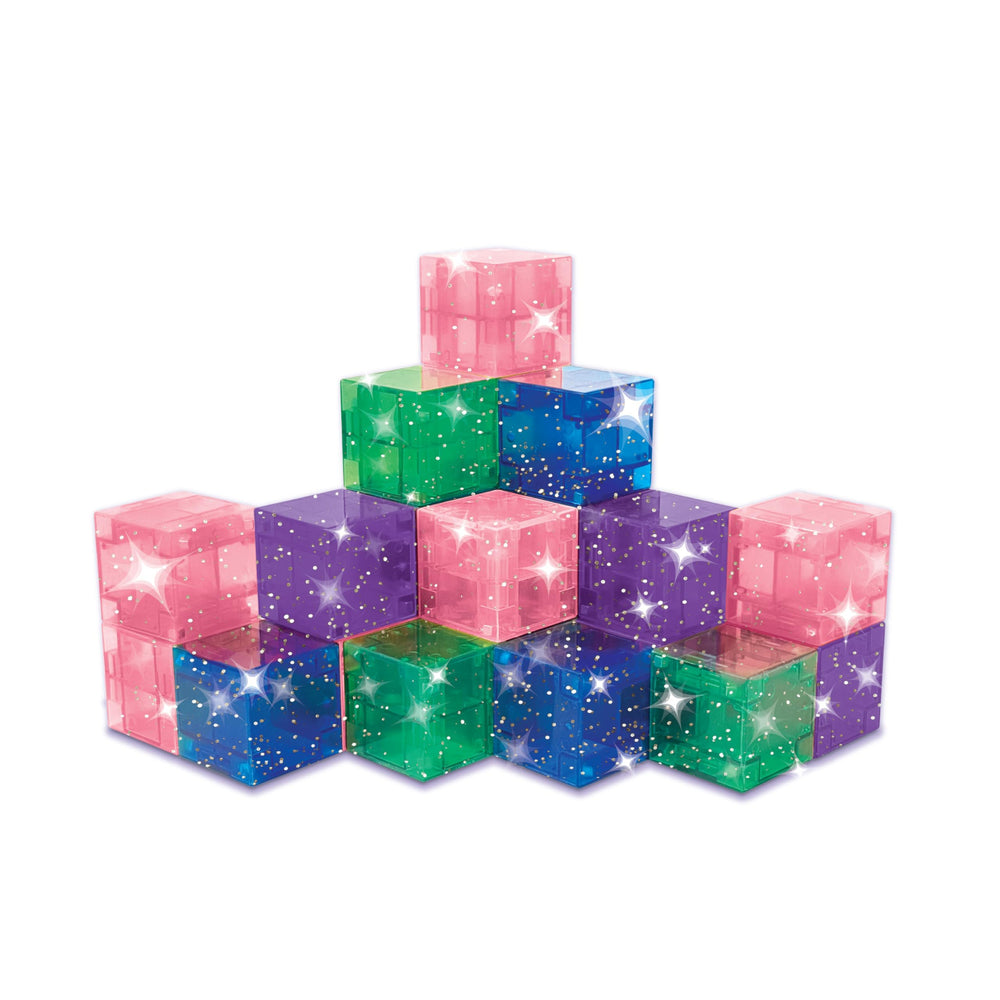 CreateOn Crayola Glitter PIP Cubes tower-building highlight enhances spatial thinking during play.