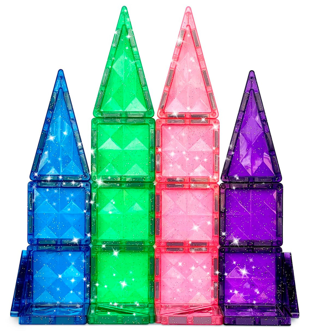 Kids building with glitter tiles from Crayola PIP-Tiles during family travel.