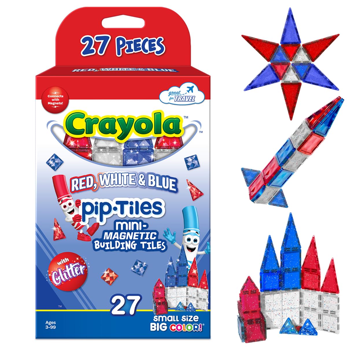 CreateOn Crayola glitter PIP magnetic tiles in red, white and blue for imaginative play.
