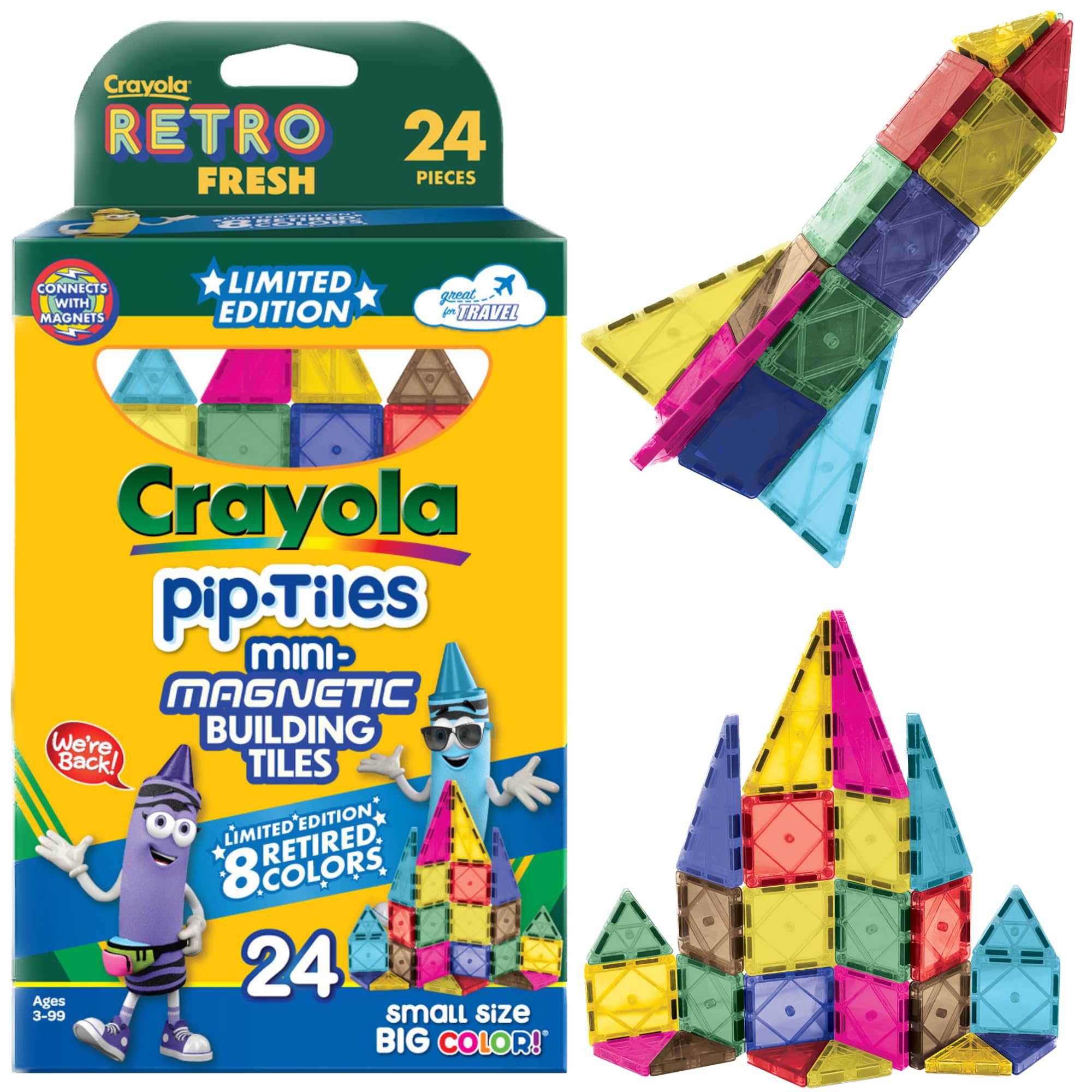 CreateOn Crayola Retro PIP magnetic tiles box and tiles enable quick set-up for play.