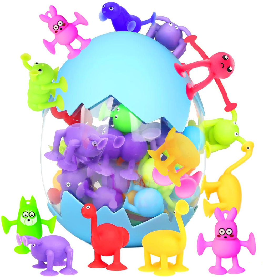 CreateView toddler suction cup bath toys with animals clinging to tub walls for imaginative play.
