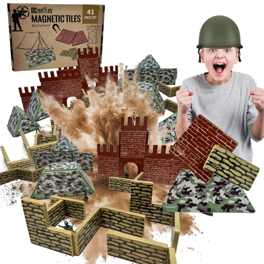 Creatiles military battlefield base tiles assembly for imaginative play and STEM learning.