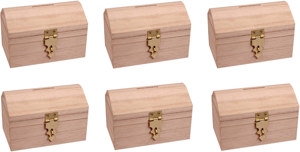 Creative Hobbies six-pack ready-to-decorate wood treasure chest with coin slot for DIY savings
