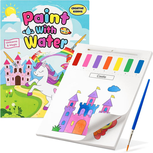 Creative Kiddos Paint With Water Unicorns page with built-in palette for mess-free coloring.