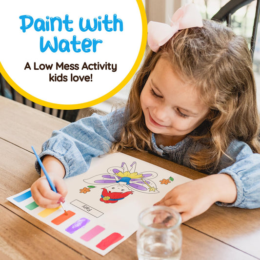 Creative Kiddos paint with water set shows 7-color palette and brush for easy use.