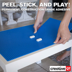 Creative QT Lego-compatible baseplate in blue showing stackable compatibility.