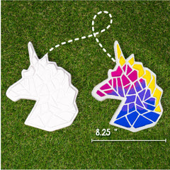 Creative Roots painted unicorn stepping stone shown on a shelf or garden display