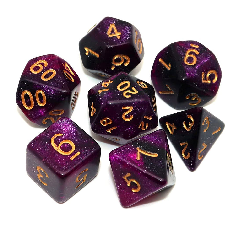 CREEBUY DND dice set with purple nebula swirls; seven polyhedral dice for enhanced tabletop play