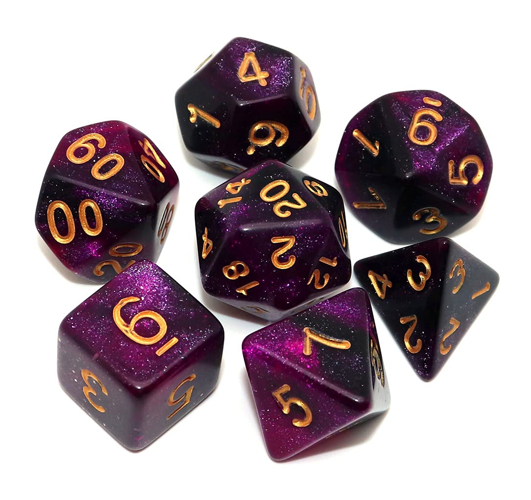 CREEBUY DND dice set with purple nebula swirls; seven polyhedral dice for enhanced tabletop play