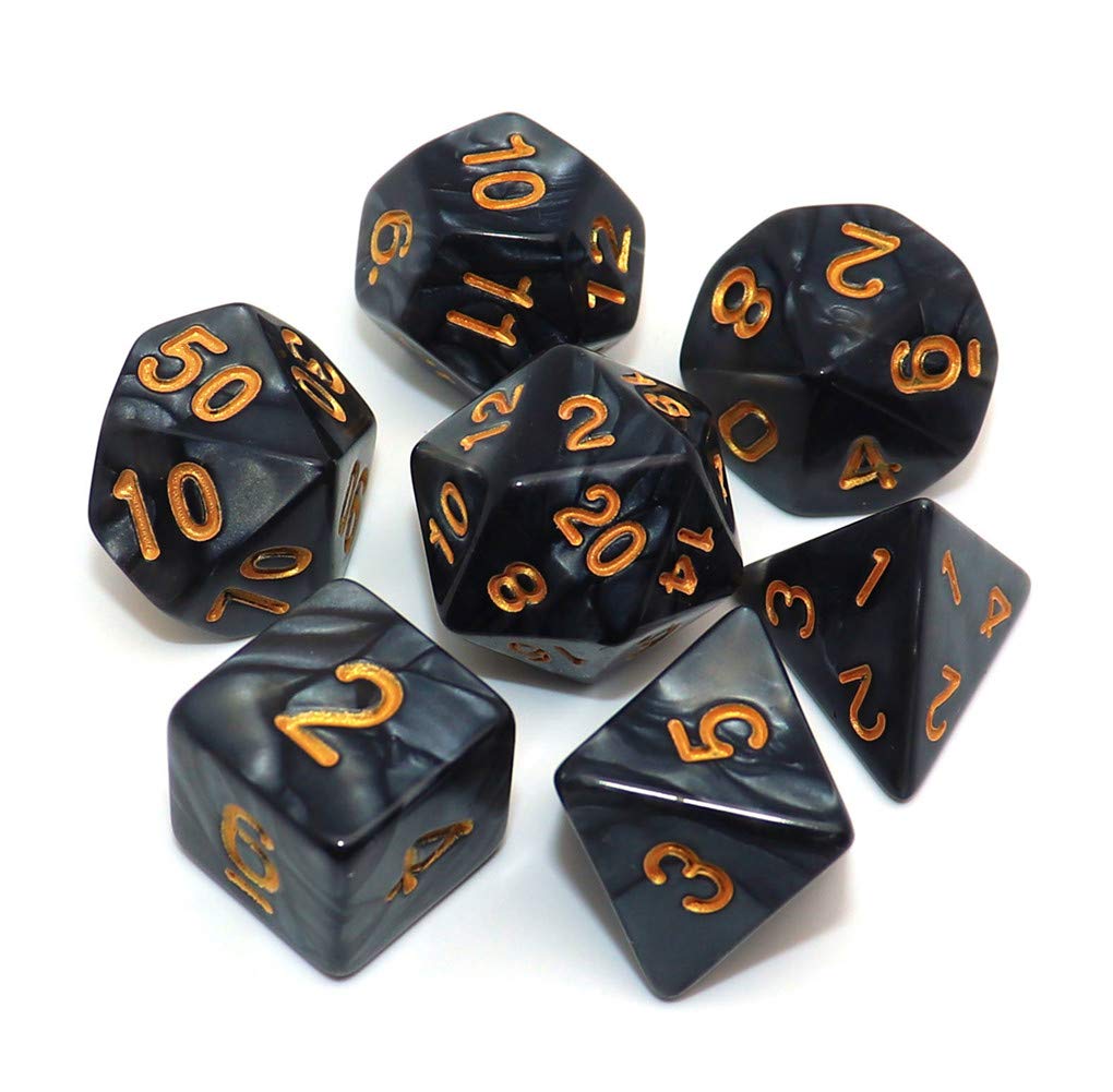 CREEBUY D20 die in pearl black with gold numerals for easy reading during sessions.