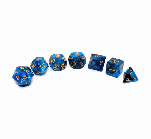 CREEBUY blue-black D12 die with gold numerals for clear rolls.