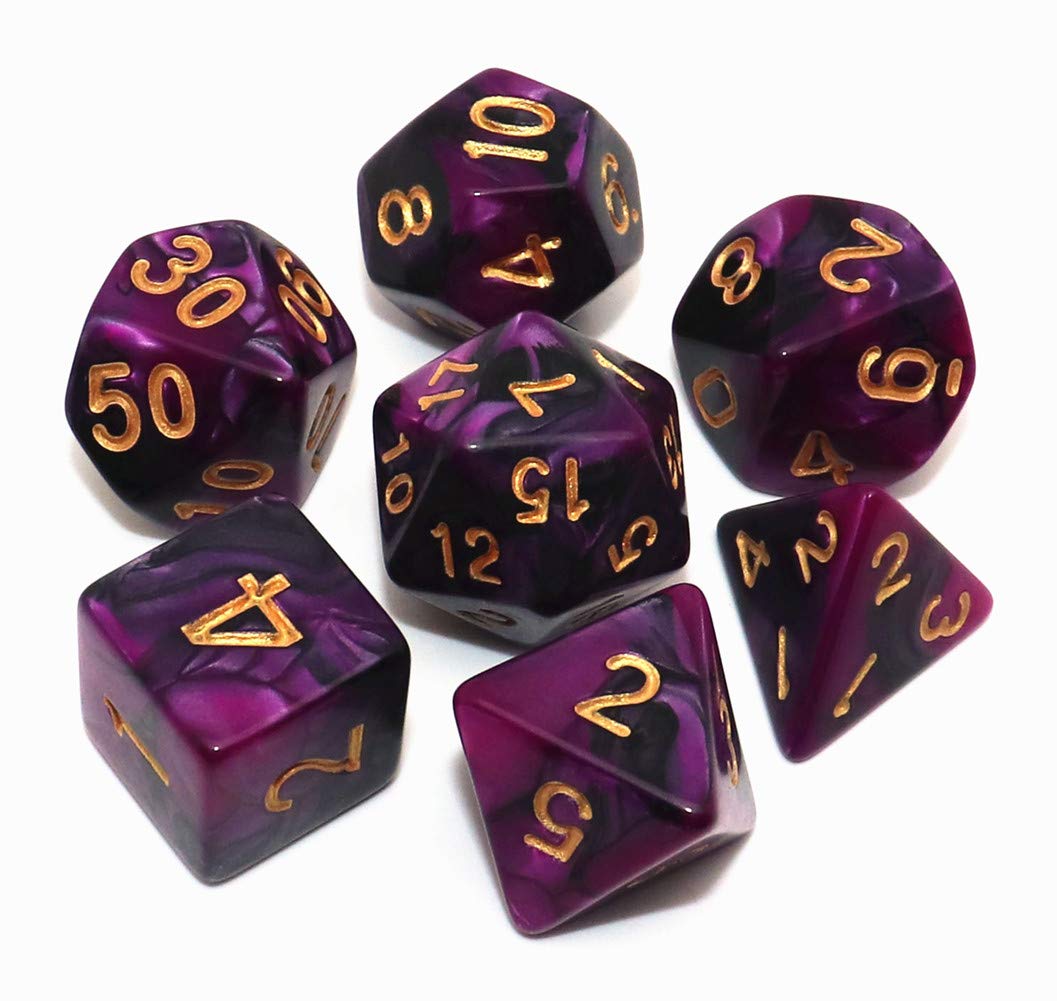 CREEBUY DND dice set in black and purple with D20, ideal for tabletop campaigns.