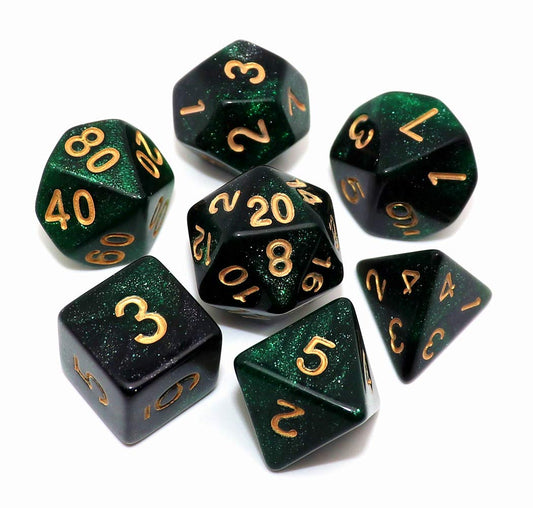 CREEBUY D20 glitter dice in green and black nebula colors with gold numerals for easy reading