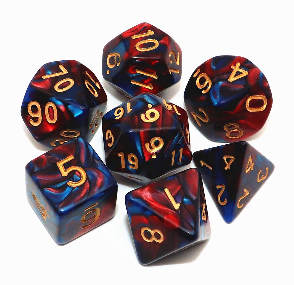 CREEBUY seven-piece DND dice set in red and blue for immersive tabletop play.